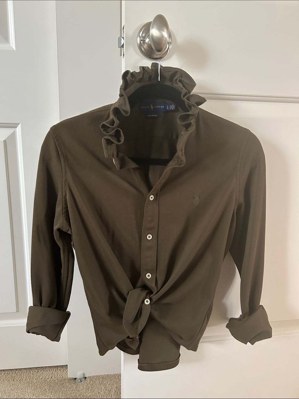 Ralph Lauren Olive Green Ruffle-Collar Button-Down Shirt